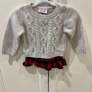 Little lass 12m Kids Cable Knit Sweater with Plaid Hem - Gray and Red